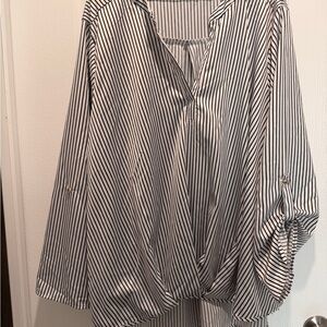 Always Indigo Striped V-Neck Twist Front Blouse - Black & White Plus Size Top